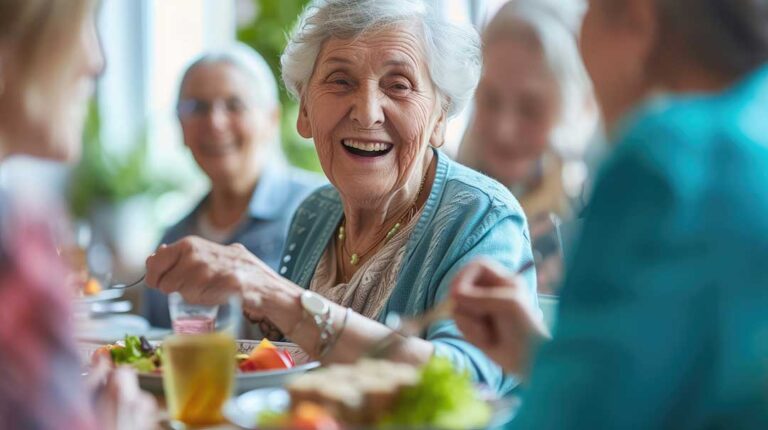 Older LGBTQ+ residents and a caregiver having a respectful conversation in a bright assisted living common room.
